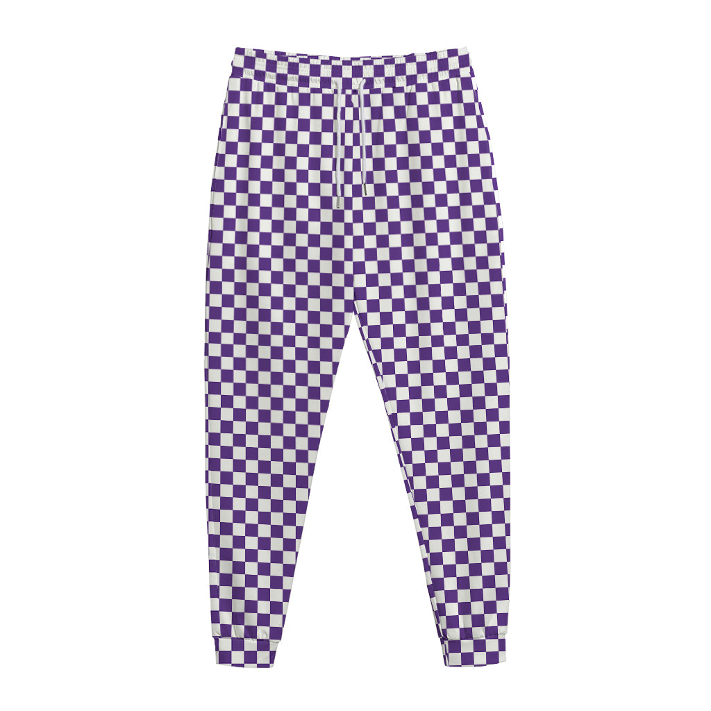Purple And White Checkered Pattern Print Jogger Pants