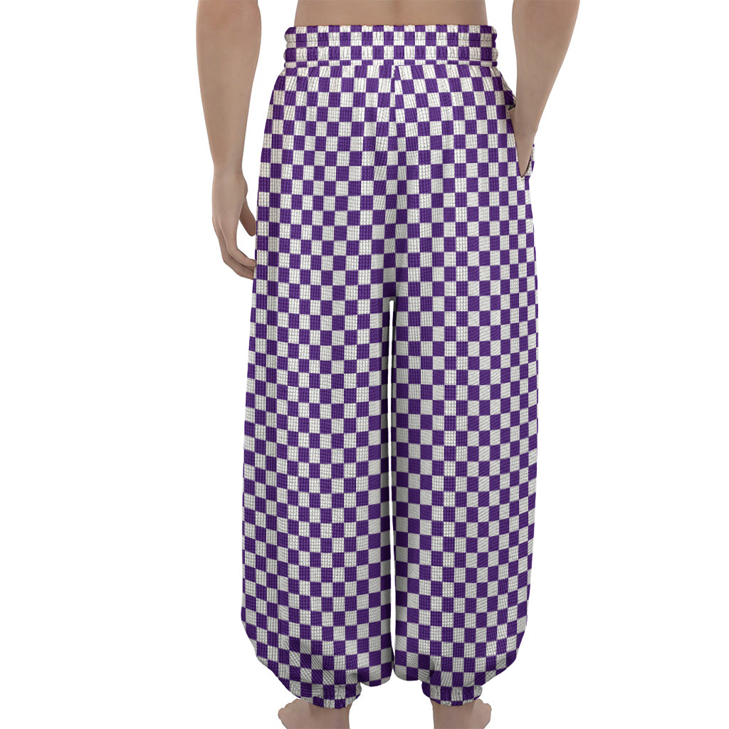 Purple And White Checkered Pattern Print Lantern Pants