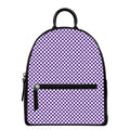 Purple And White Checkered Pattern Print Leather Backpack