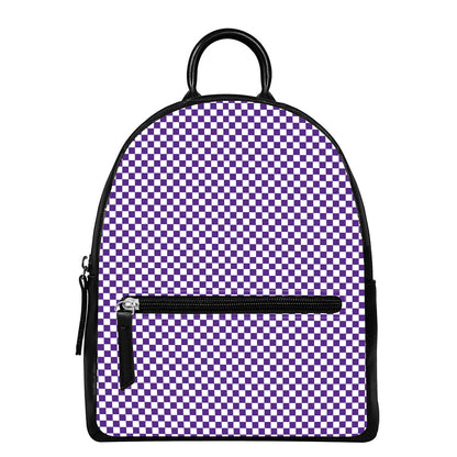Purple And White Checkered Pattern Print Leather Backpack