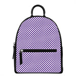 Purple And White Checkered Pattern Print Leather Backpack