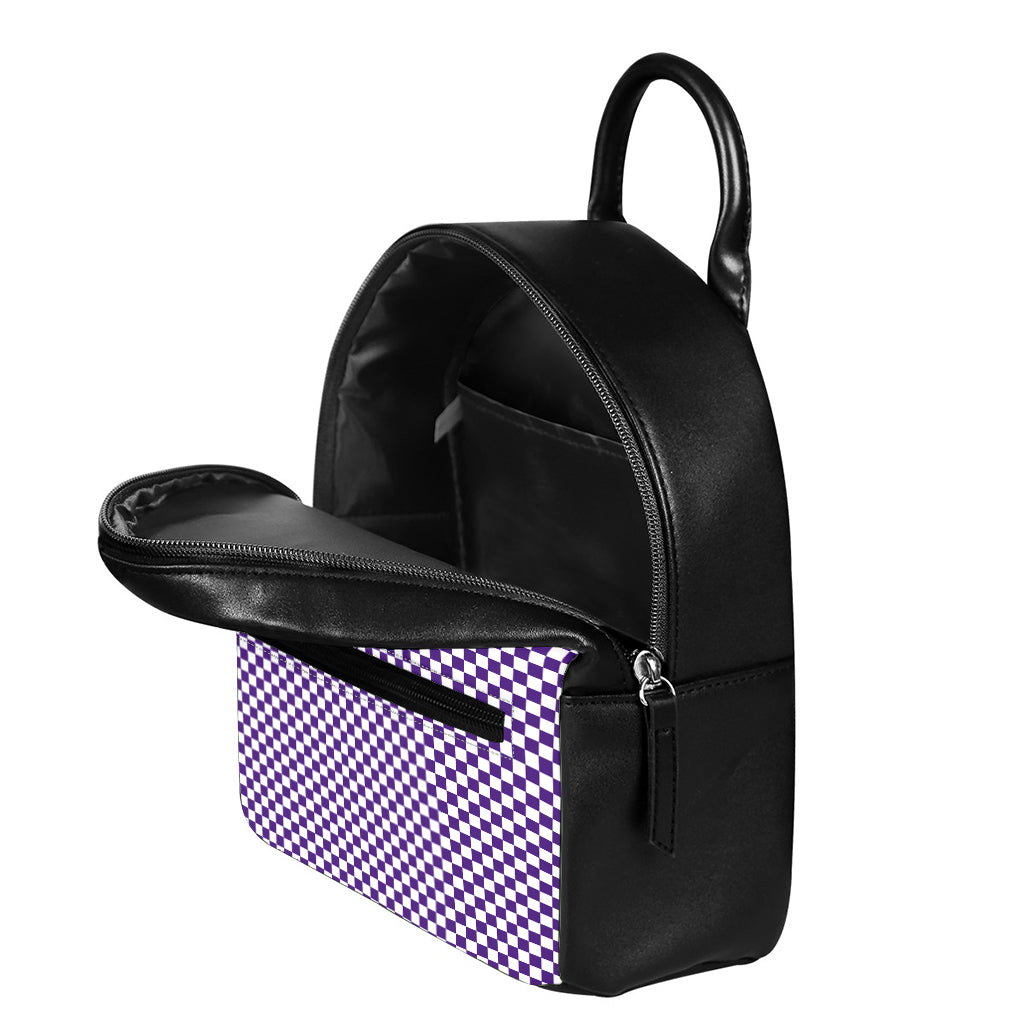 Purple And White Checkered Pattern Print Leather Backpack