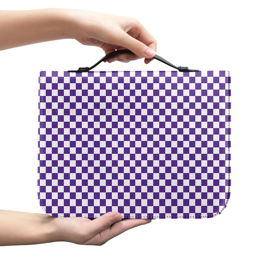Purple And White Checkered Pattern Print Leather Bible Cover