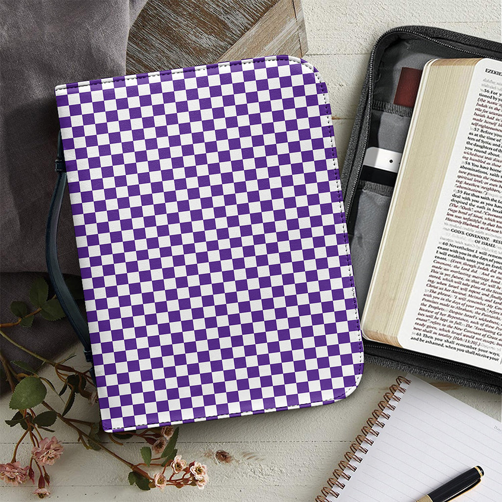 Purple And White Checkered Pattern Print Leather Bible Cover