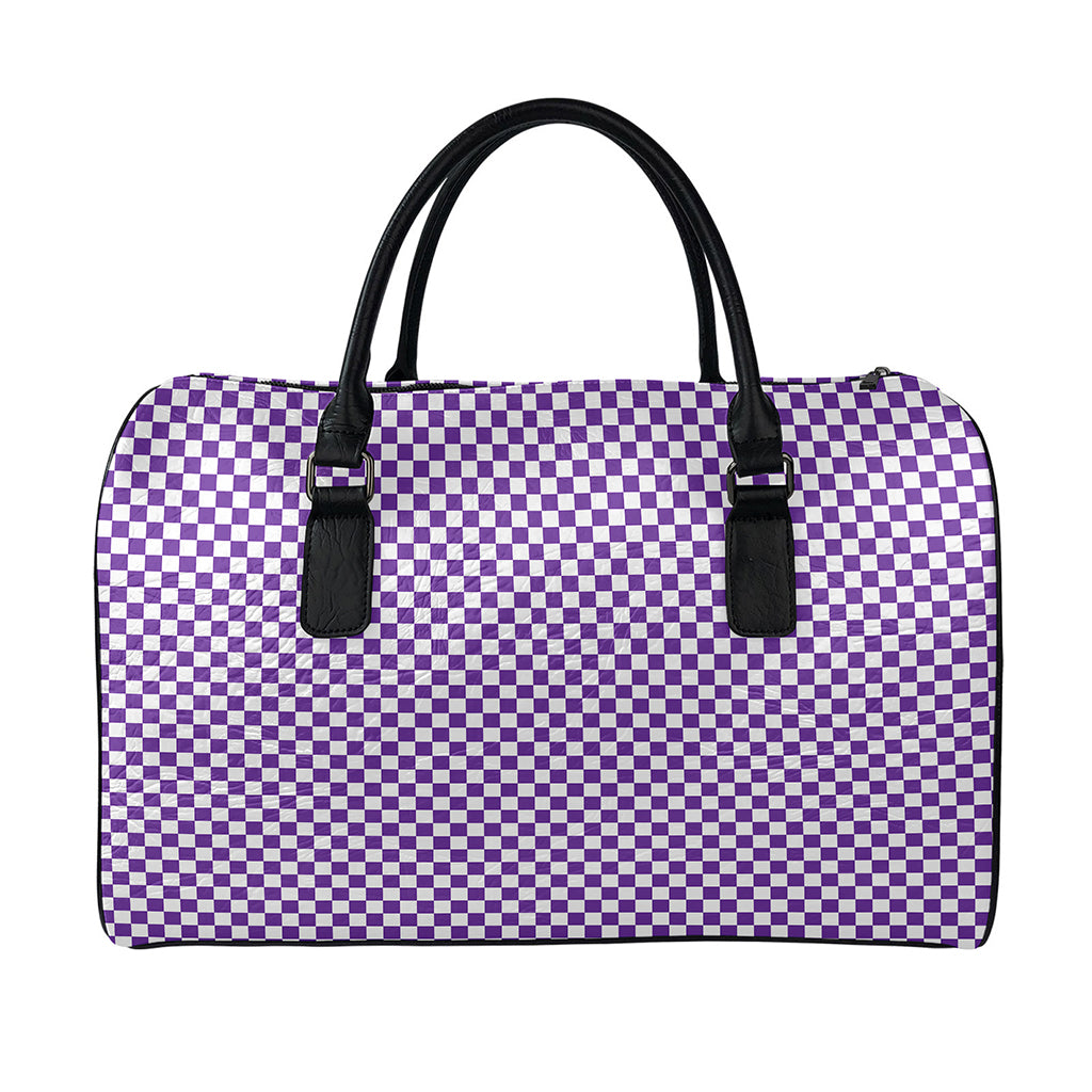 Purple And White Checkered Pattern Print Leather Duffle Bag
