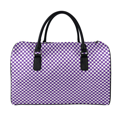 Purple And White Checkered Pattern Print Leather Duffle Bag