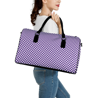 Purple And White Checkered Pattern Print Leather Duffle Bag