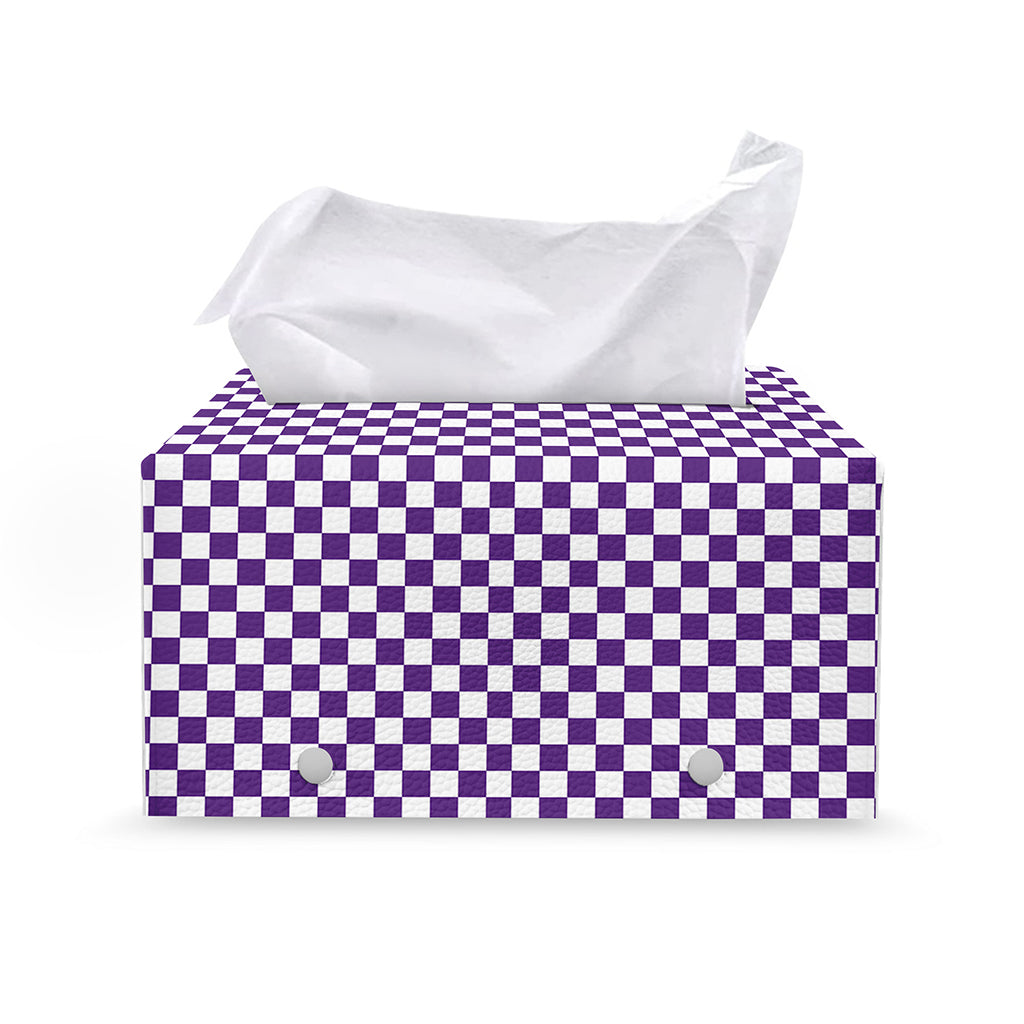 Purple And White Checkered Pattern Print Leather Tissue Box Cover