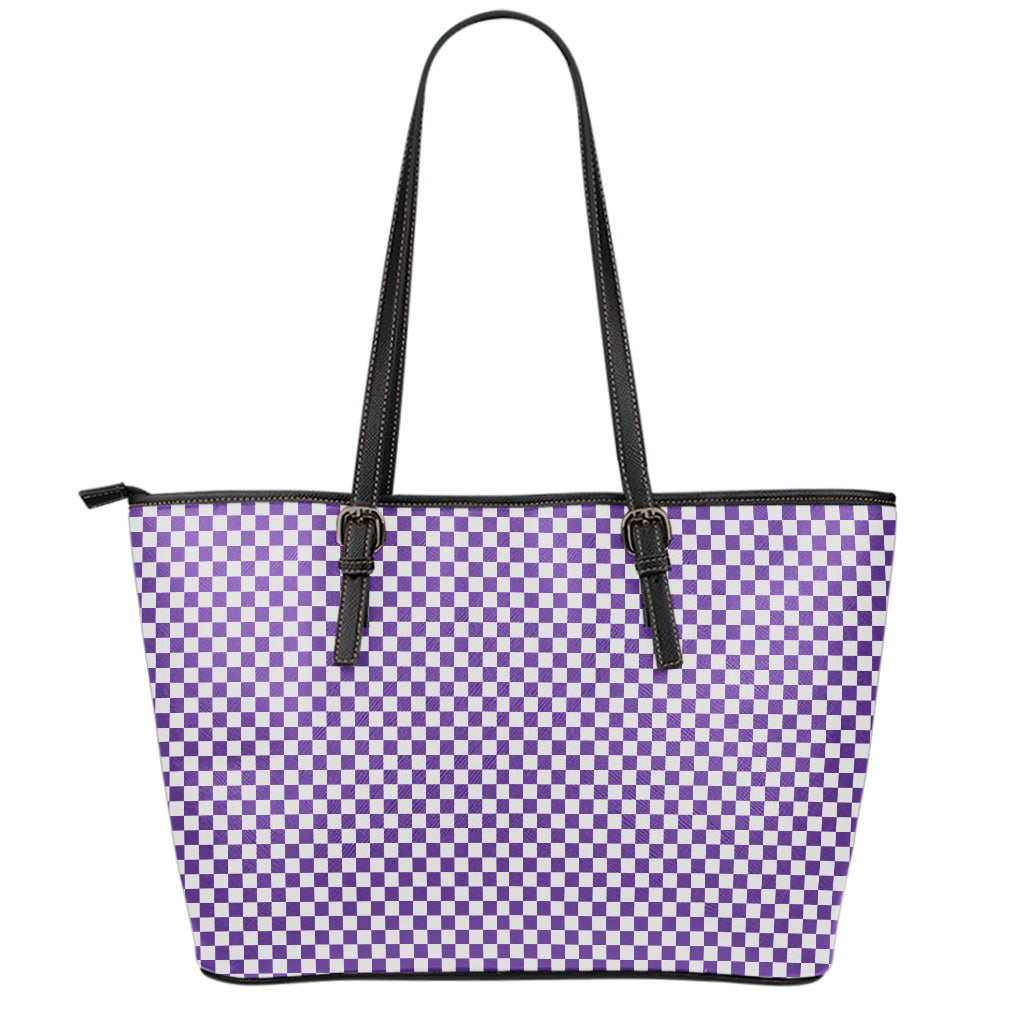 Purple And White Checkered Pattern Print Leather Tote Bag