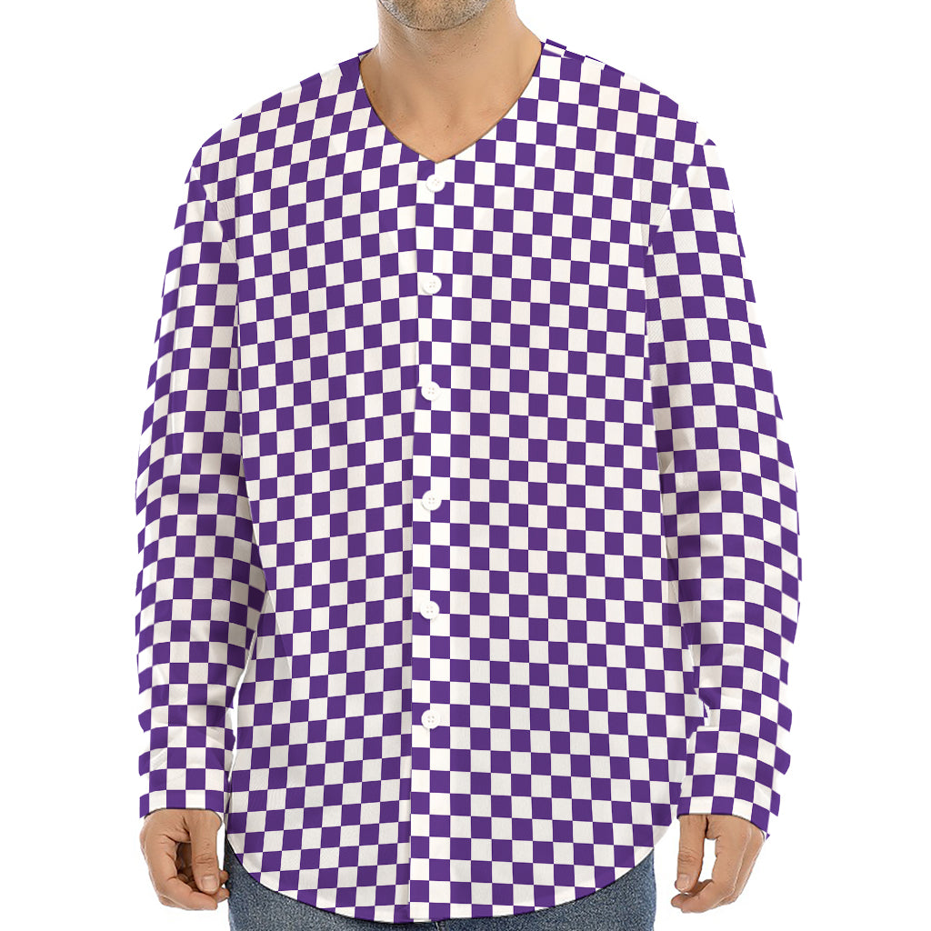Purple And White Checkered Pattern Print Long Sleeve Baseball Jersey