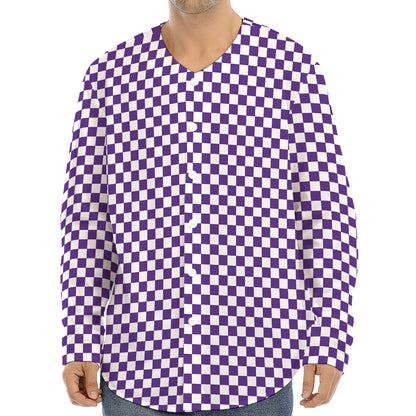 Purple And White Checkered Pattern Print Long Sleeve Baseball Jersey