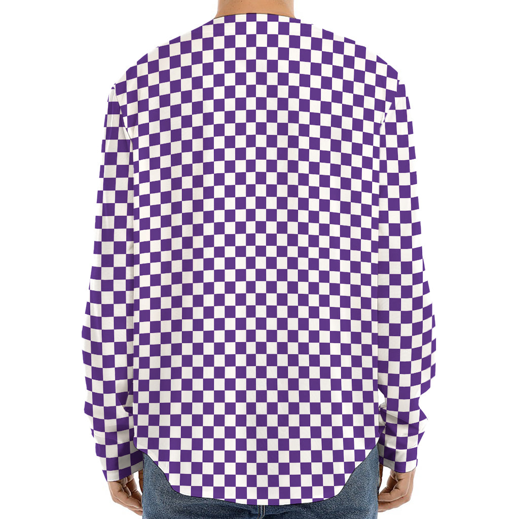 Purple And White Checkered Pattern Print Long Sleeve Baseball Jersey