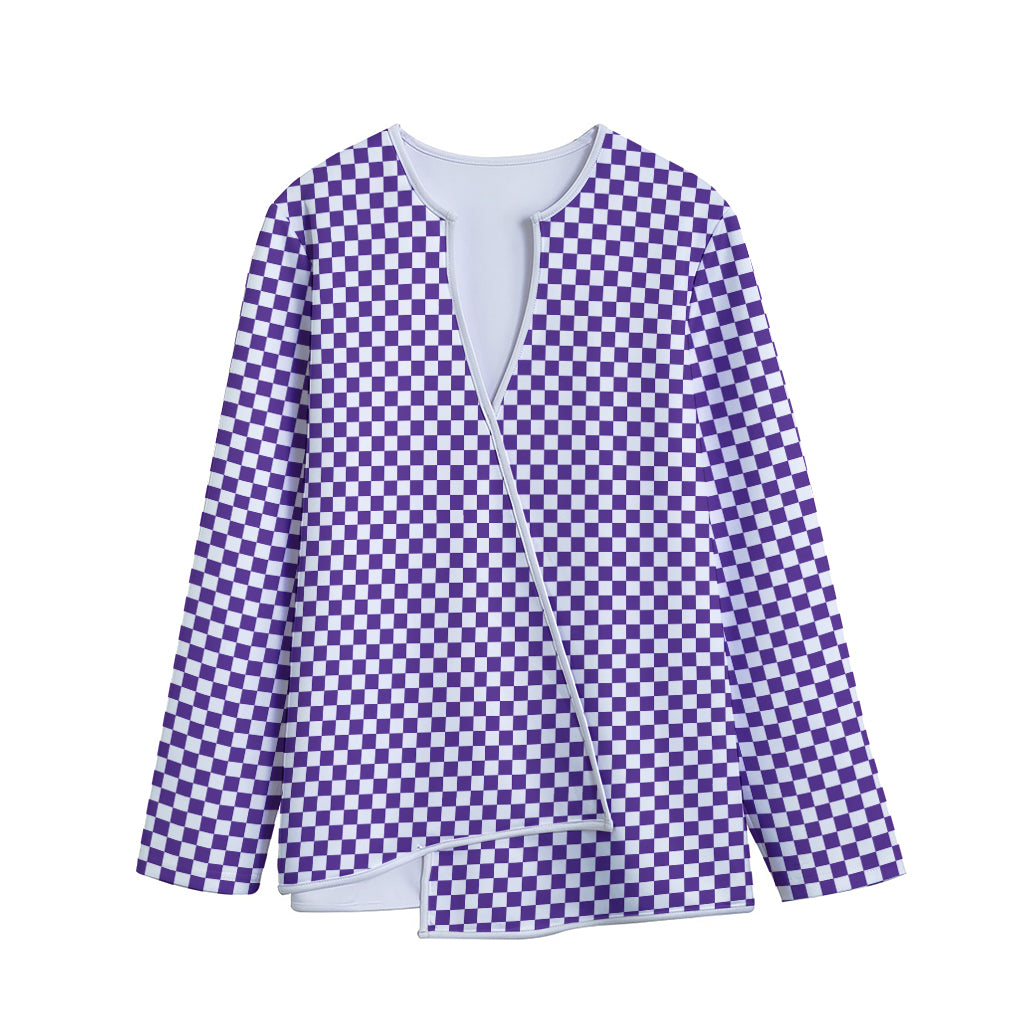 Purple And White Checkered Pattern Print Long Sleeve Short Coat