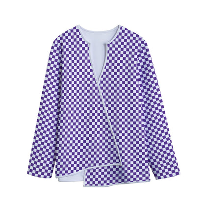 Purple And White Checkered Pattern Print Long Sleeve Short Coat