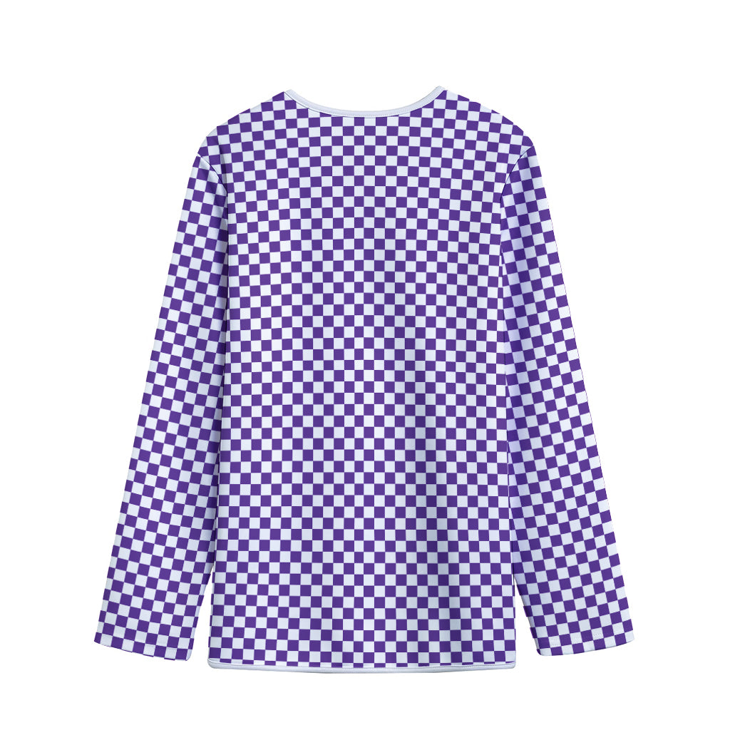 Purple And White Checkered Pattern Print Long Sleeve Short Coat