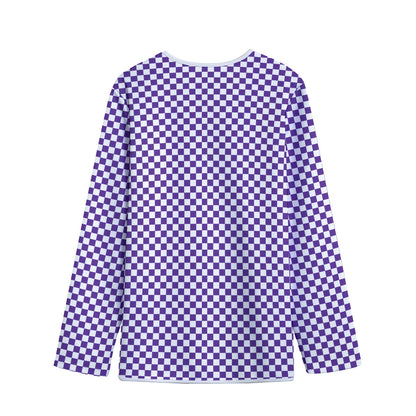 Purple And White Checkered Pattern Print Long Sleeve Short Coat