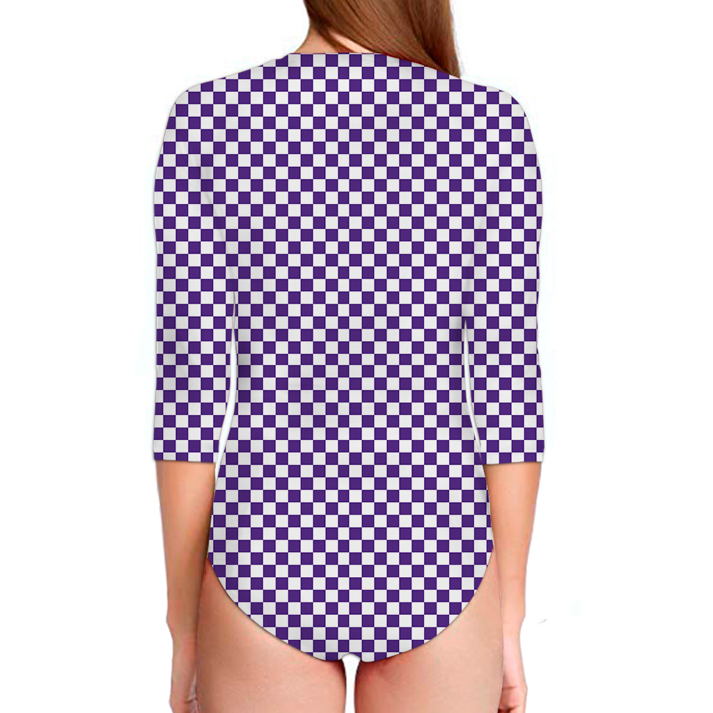 Purple And White Checkered Pattern Print Long Sleeve Swimsuit
