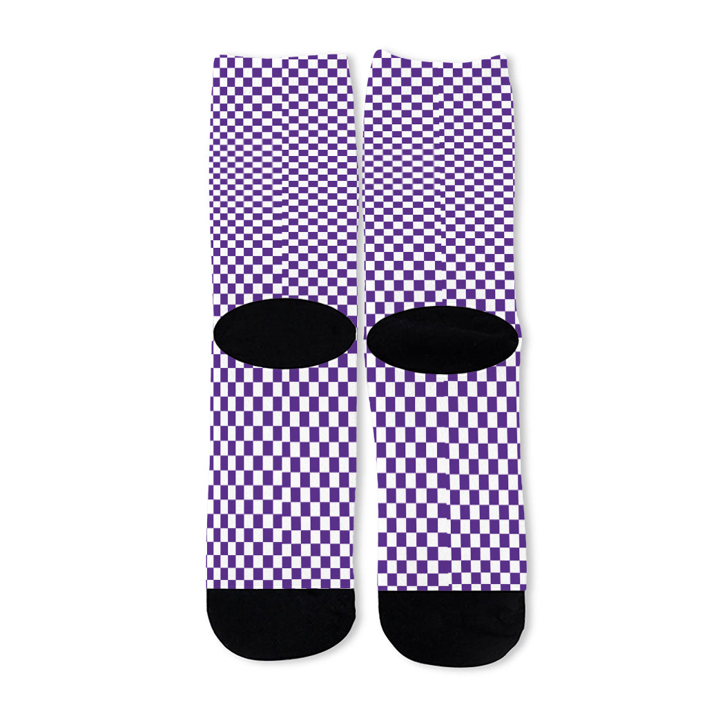 Purple And White Checkered Pattern Print Long Socks