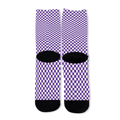 Purple And White Checkered Pattern Print Long Socks