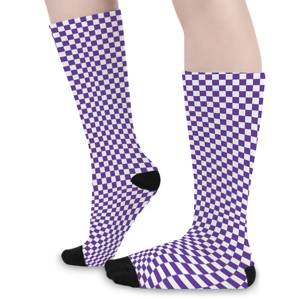 Purple And White Checkered Pattern Print Long Socks