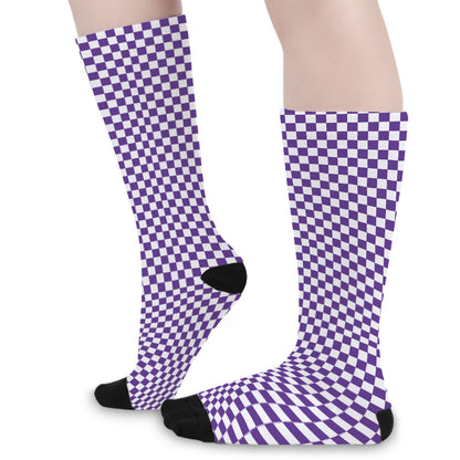 Purple And White Checkered Pattern Print Long Socks