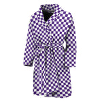Purple And White Checkered Pattern Print Men's Bathrobe
