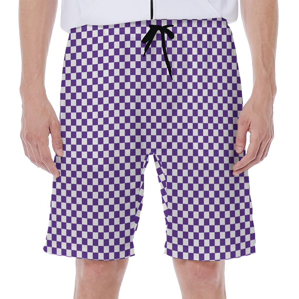Purple And White Checkered Pattern Print Men's Beach Shorts