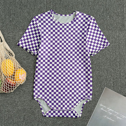 Purple And White Checkered Pattern Print Men's Bodysuit