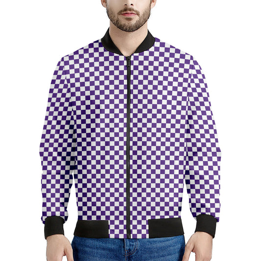 Purple And White Checkered Pattern Print Men's Bomber Jacket