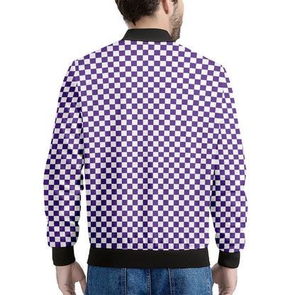 Purple And White Checkered Pattern Print Men's Bomber Jacket