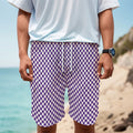 Purple And White Checkered Pattern Print Men's Cargo Shorts