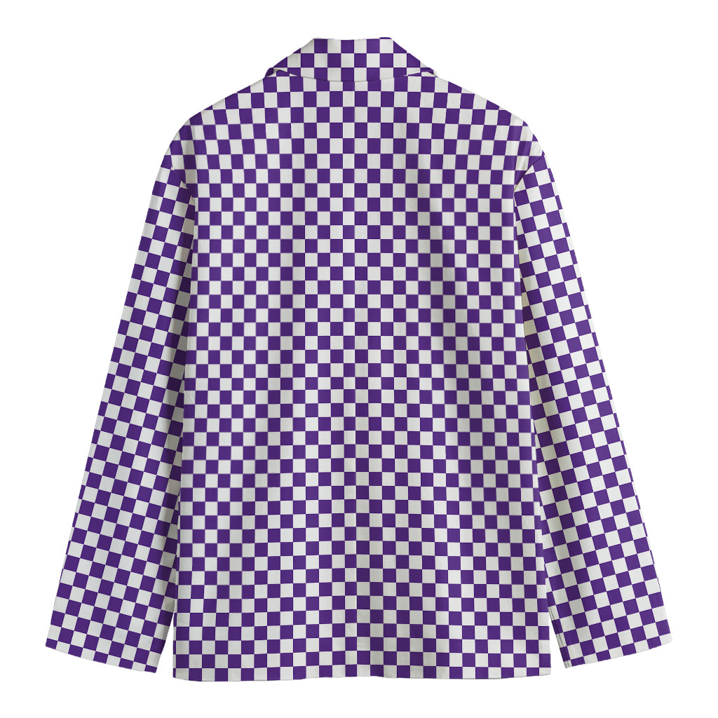 Purple And White Checkered Pattern Print Men's Cotton Blazer