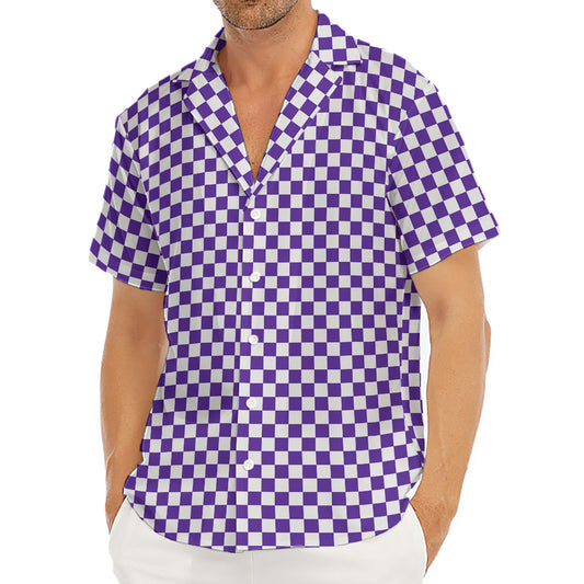 Purple And White Checkered Pattern Print Men's Deep V-Neck Shirt