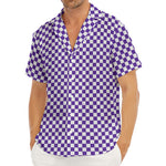 Purple And White Checkered Pattern Print Men's Deep V-Neck Shirt