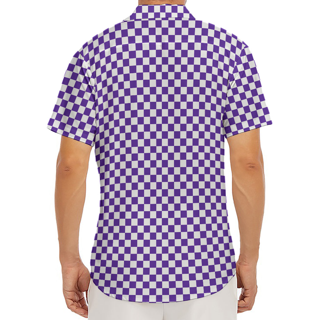 Purple And White Checkered Pattern Print Men's Deep V-Neck Shirt