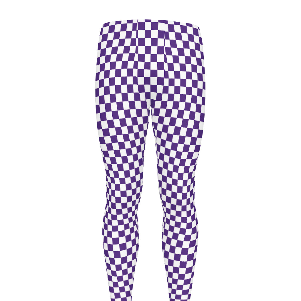 Purple And White Checkered Pattern Print Men's leggings