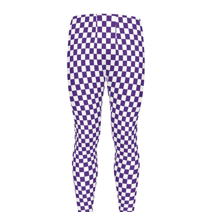 Purple And White Checkered Pattern Print Men's leggings