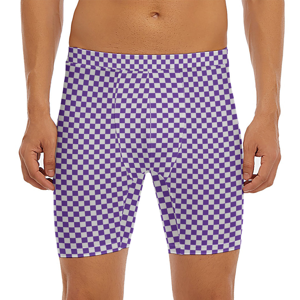 Purple And White Checkered Pattern Print Men's Long Boxer Briefs