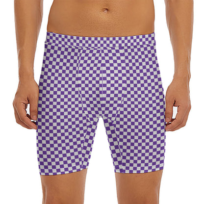Purple And White Checkered Pattern Print Men's Long Boxer Briefs