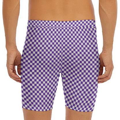 Purple And White Checkered Pattern Print Men's Long Boxer Briefs