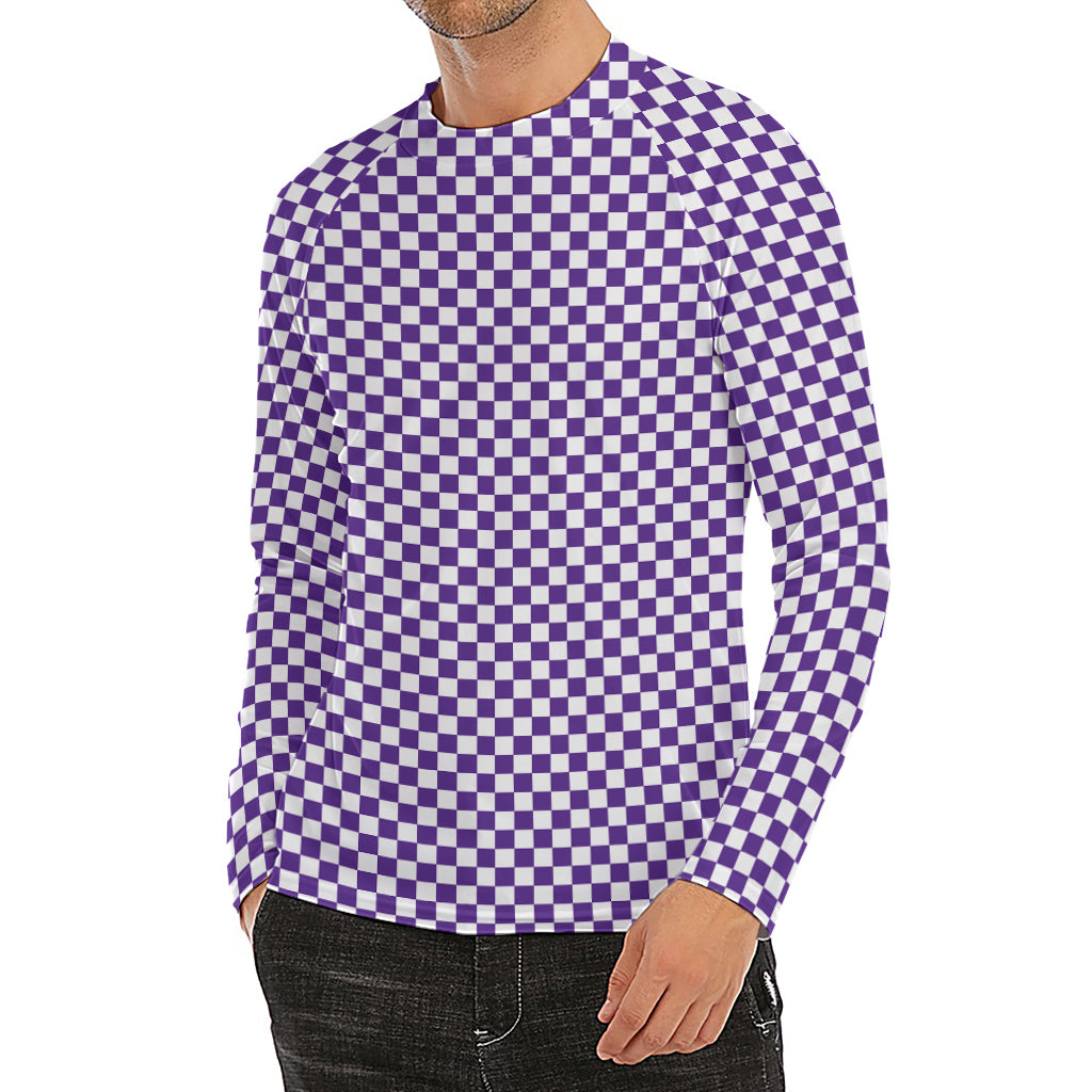 Purple And White Checkered Pattern Print Men's Long Sleeve Rash Guard