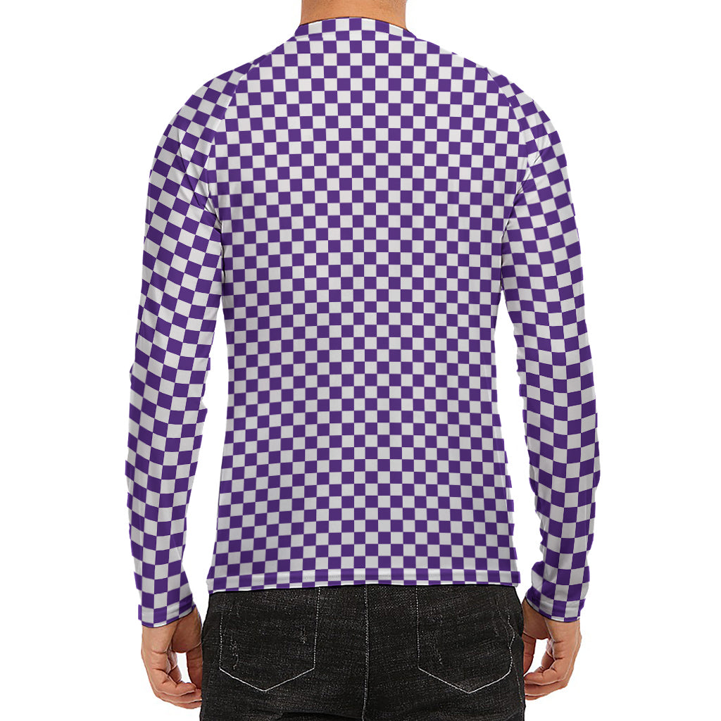 Purple And White Checkered Pattern Print Men's Long Sleeve Rash Guard