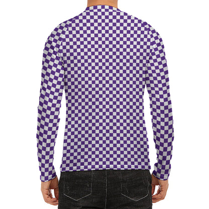 Purple And White Checkered Pattern Print Men's Long Sleeve Rash Guard