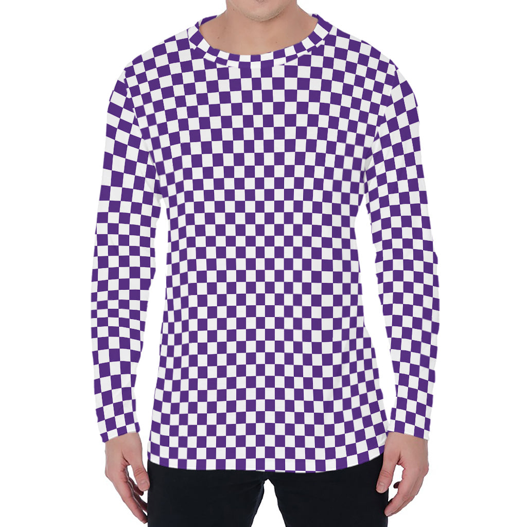 Purple And White Checkered Pattern Print Men's Long Sleeve T-Shirt