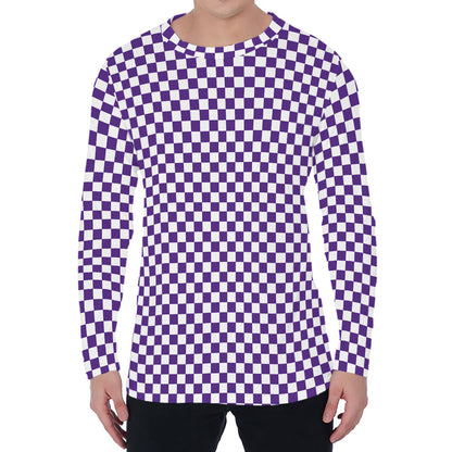 Purple And White Checkered Pattern Print Men's Long Sleeve T-Shirt