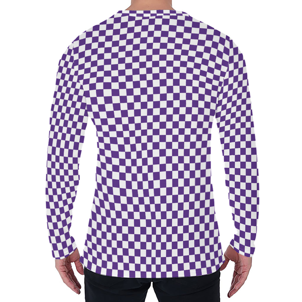 Purple And White Checkered Pattern Print Men's Long Sleeve T-Shirt