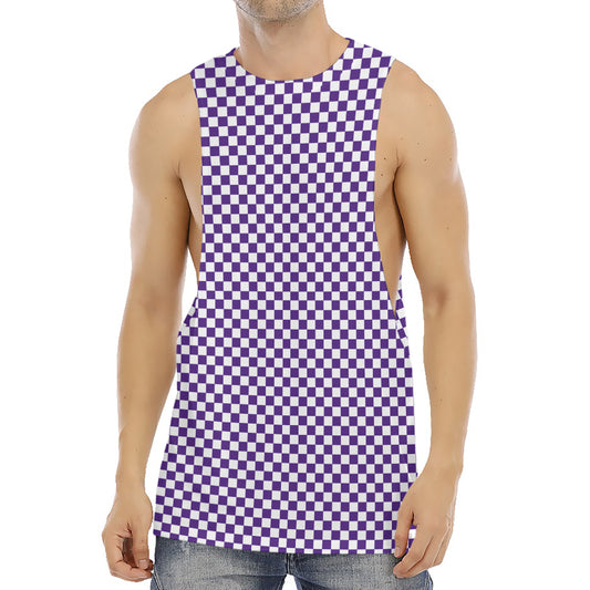 Purple And White Checkered Pattern Print Men's Muscle Tank Top