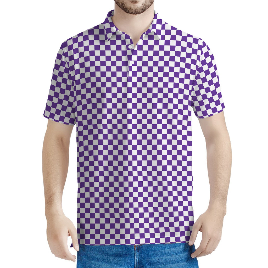 Purple And White Checkered Pattern Print Men's Polo Shirt