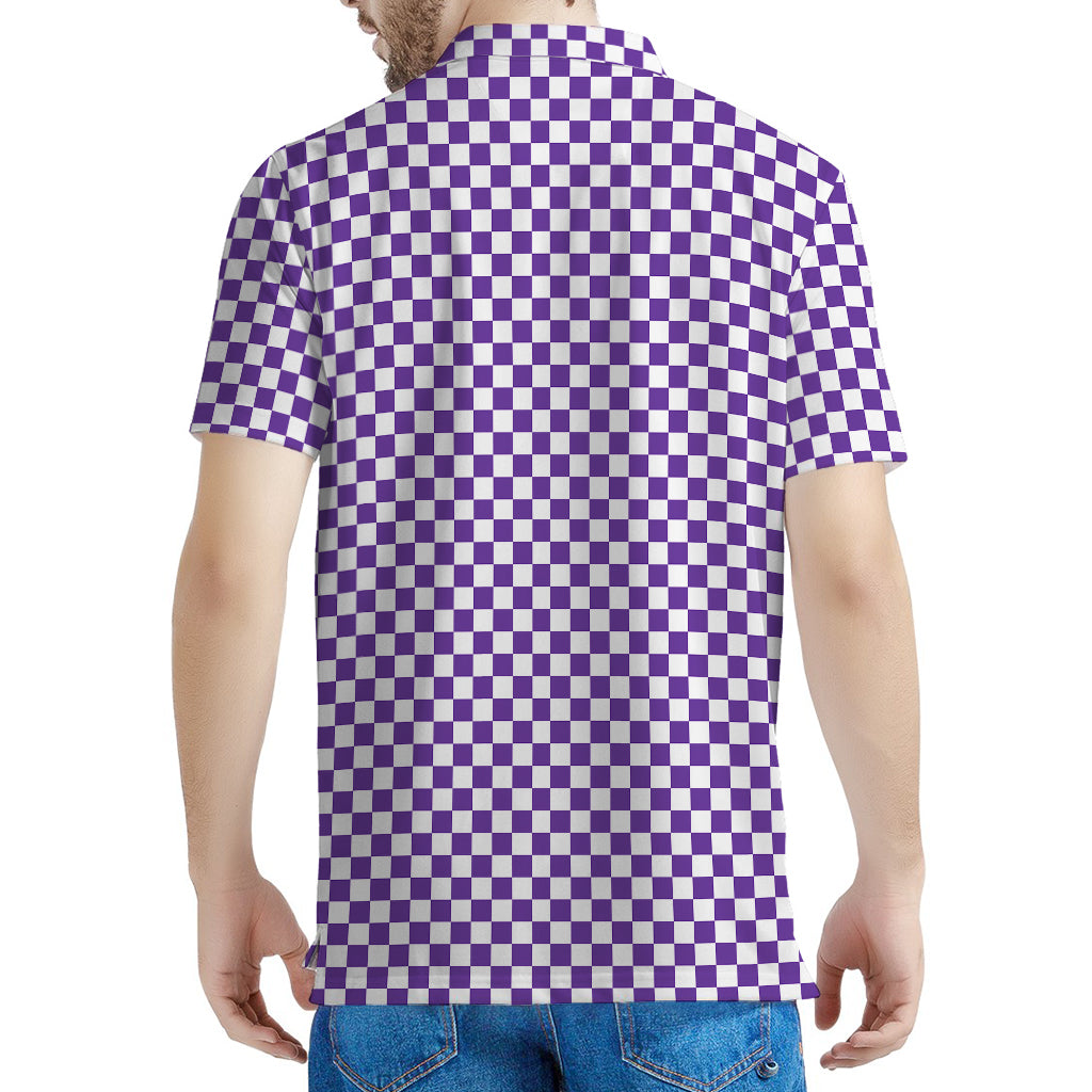 Purple And White Checkered Pattern Print Men's Polo Shirt