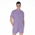 Purple And White Checkered Pattern Print Men's Romper